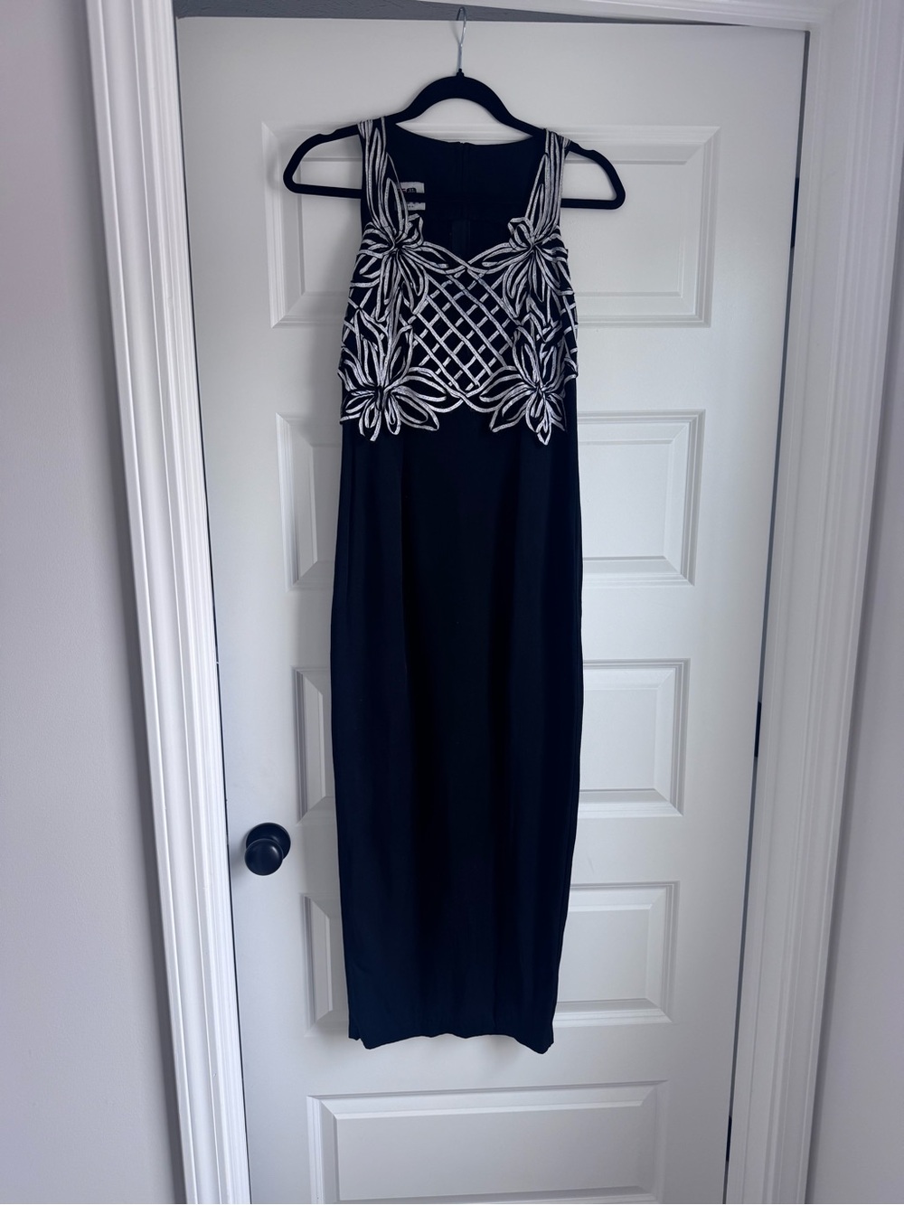 Vintage Black Maxi Dress with White Embroidered Bodice
